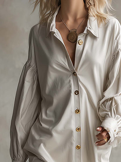 Robe Maxi Blanche en PU avec Boutons Frontaux et Col Chic