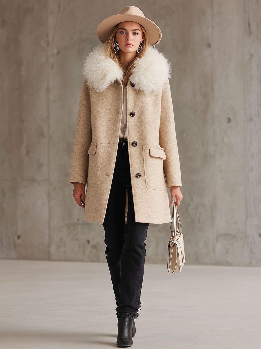 Chic Manteau Beige en Laine avec Col en Fourrure - Élégance et Chaleur Assurées