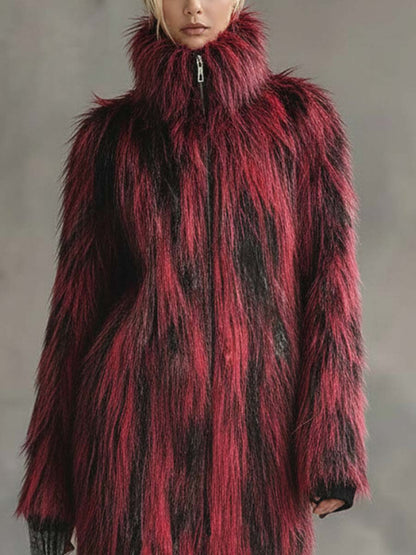 Veste Écologique en Fourrure Noir et Rouge avec Col Montant et Fermeture Éclair