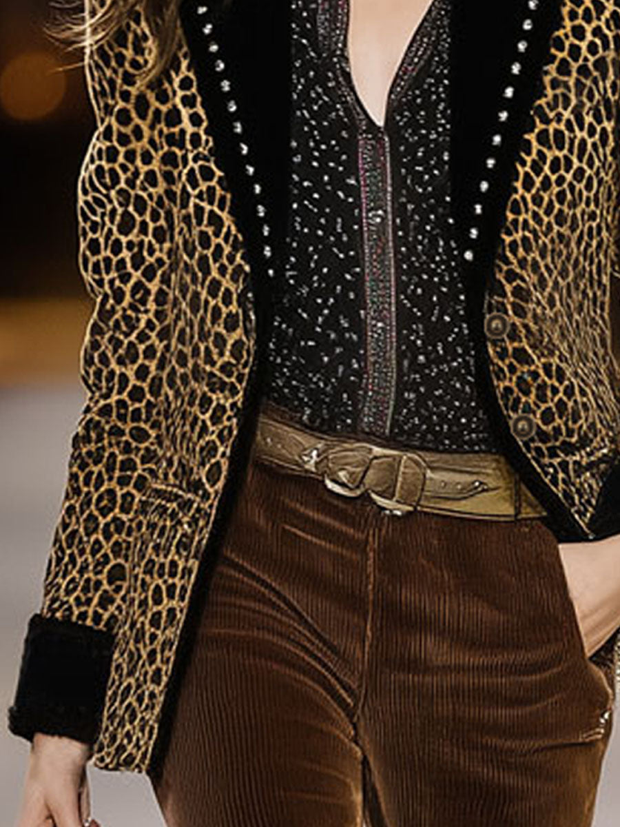 Veste en Velours Imprimé Léopard Rétro à Détails Contrastés
