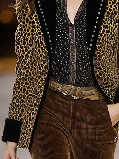 Veste en Velours Imprimé Léopard Rétro à Détails Contrastés