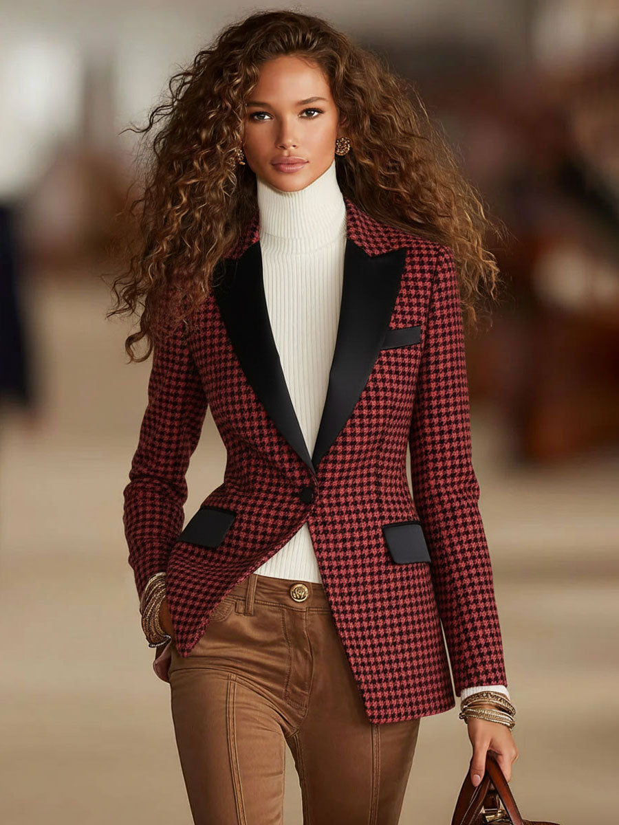 Blazer Décontracté à Carreaux avec Revers et Bouton Unique