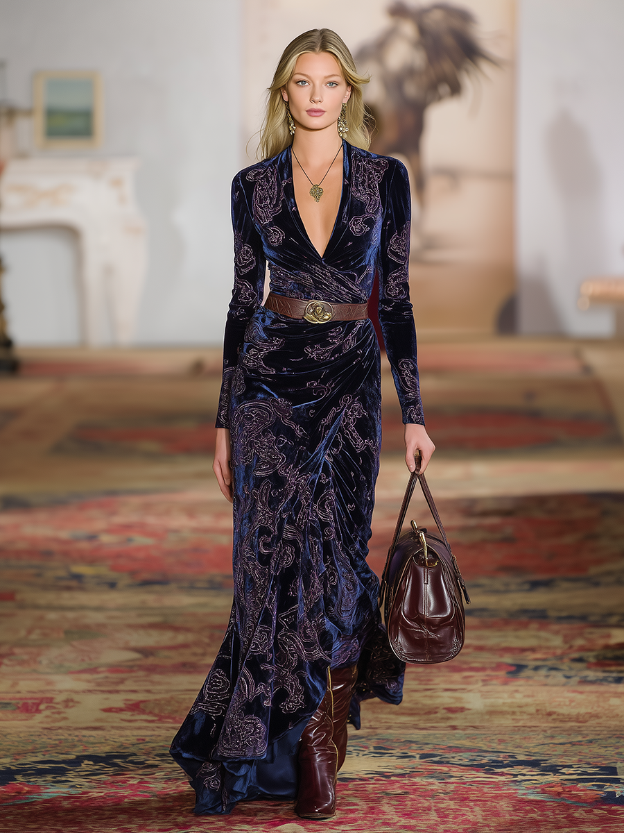 Maxi Robe en Velours avec Imprimé Rétro Western, Décolleté en V et Manches Longues