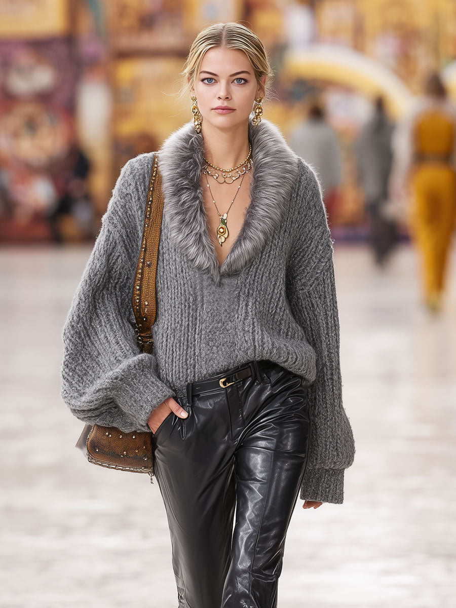 Pull en fausse fourrure à col en V oversize