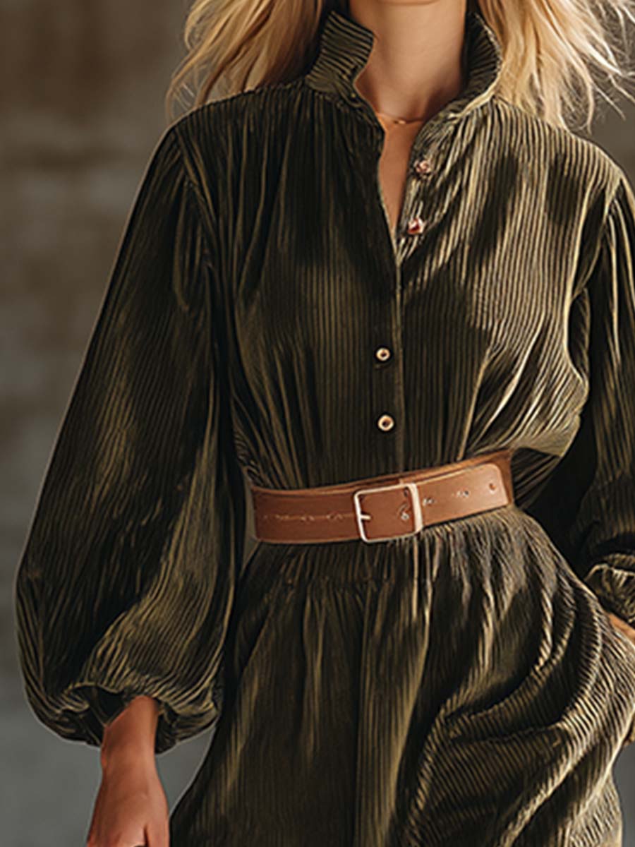 Robe Maxi Décontractée en Velours Texturé Vert Armée au Style Rétro