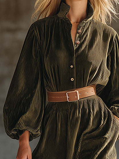 Robe Maxi Décontractée en Velours Texturé Vert Armée au Style Rétro