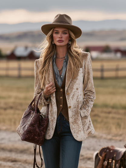 Veste en Velours Camel avec Motif de Cerf Sika - Style Western Nomade Rétro