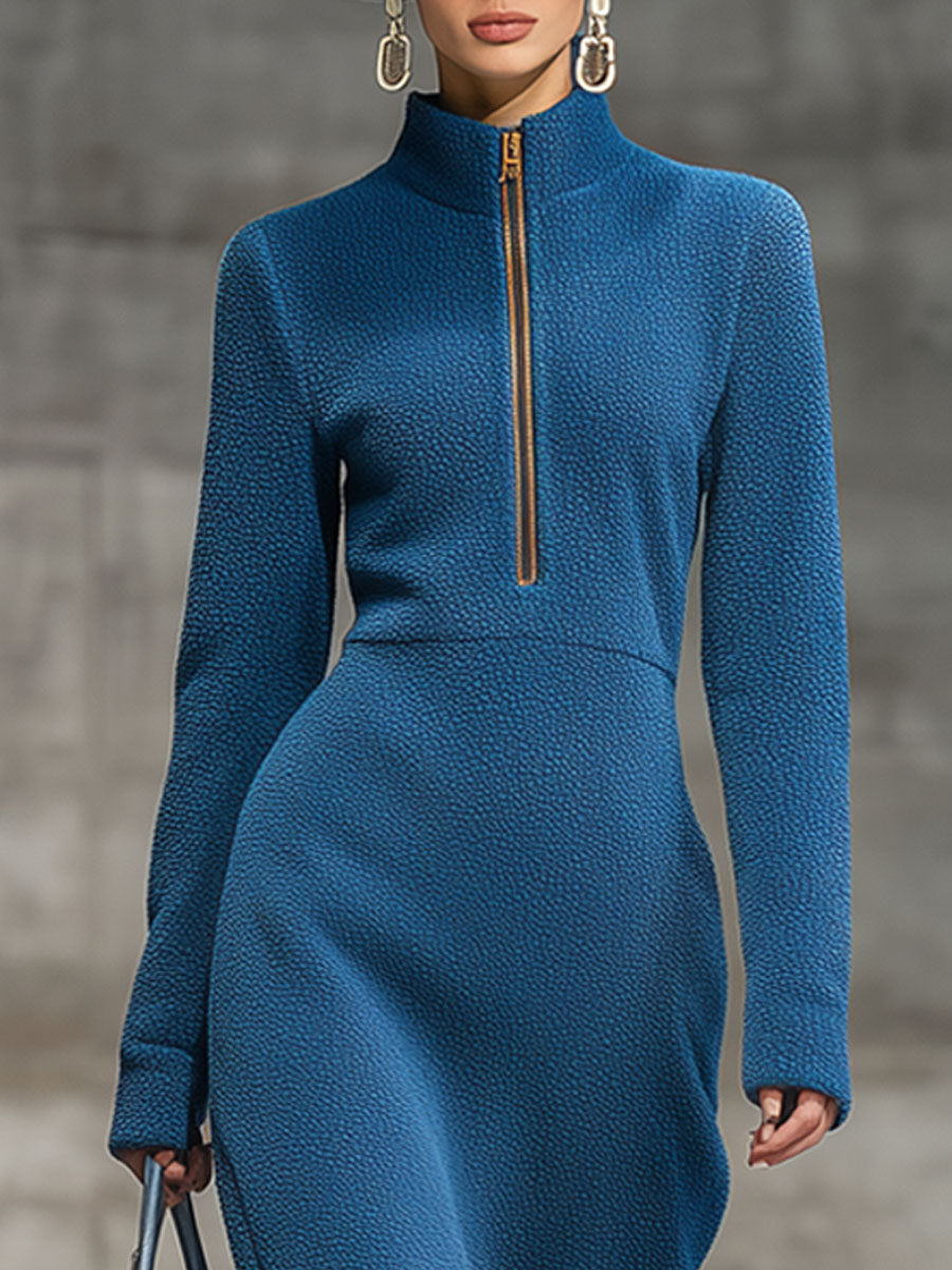 Décontractée Robe Midi Zippée en Polaire Vintage Bleu Nuit
