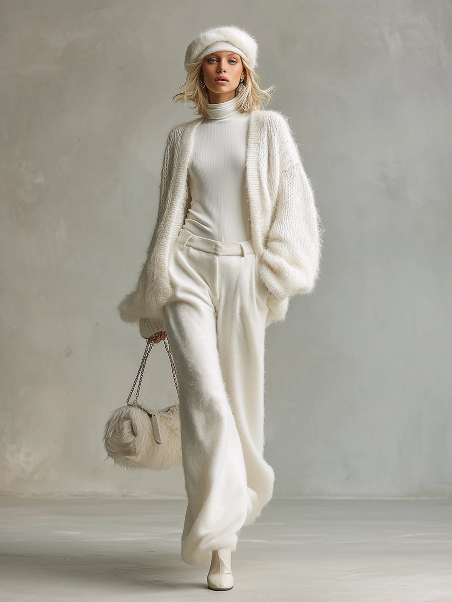 Ensemble Élégant en Laine Tricotée : Cardigan Long Minimaliste Blanc et Pantalon à Jambes Larges