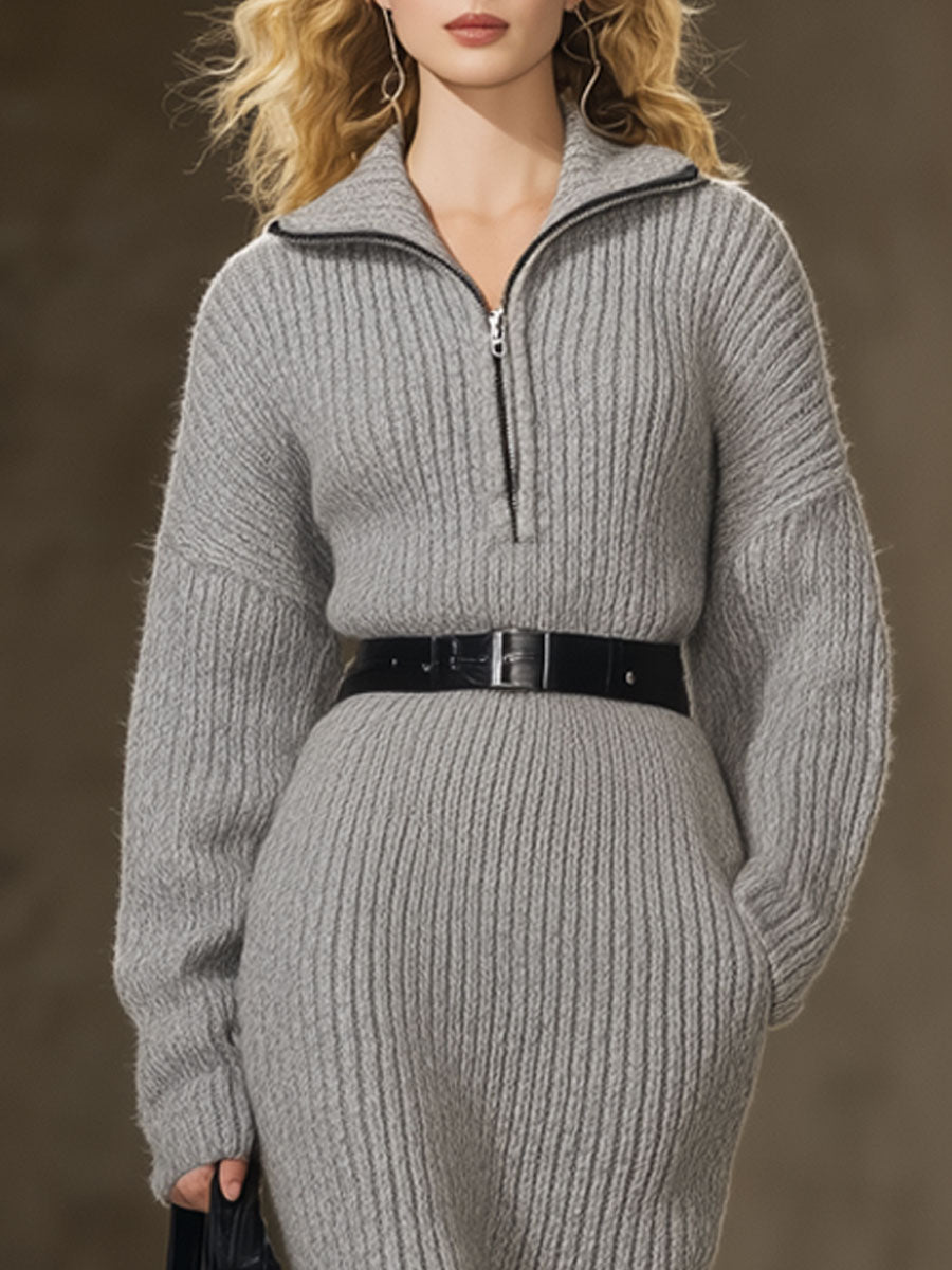 Ample Midi Zippée en Tricot Gris au Style Rétro