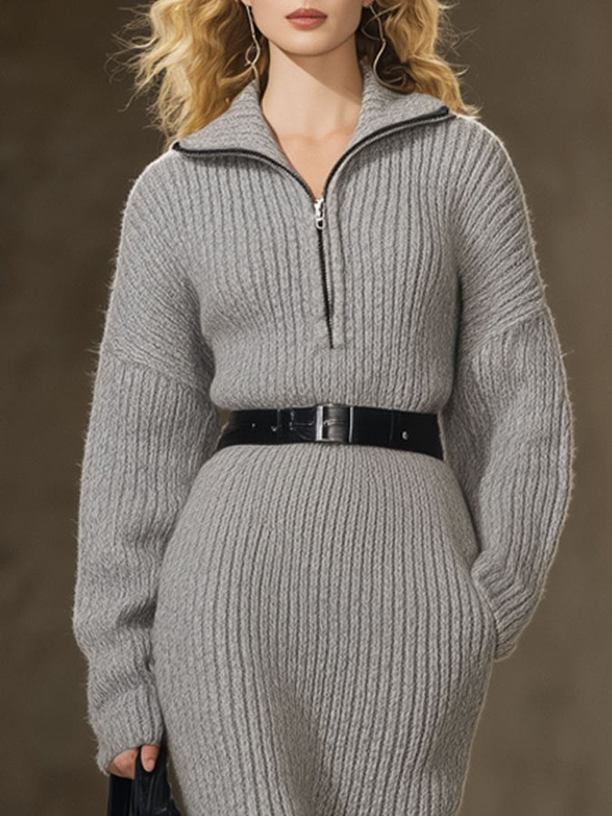 Vintage-Inspired Grey Knit Midi Zip Dress - Effortlessly Chic