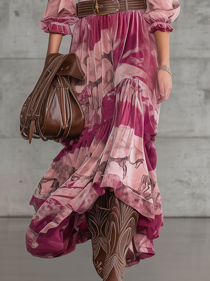 Robe Maxi Velours Rose Imprimé Cerf Sika - Élégance Rétro Nomade Urbaine