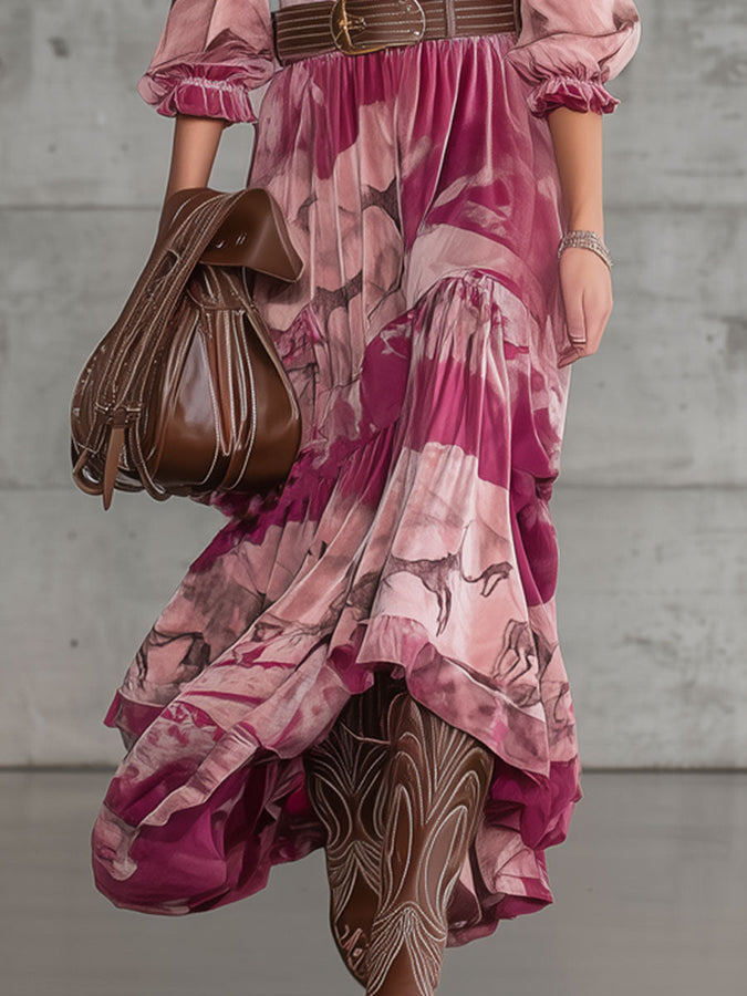 Robe Maxi en Velours Rose avec Imprimé de Cerf Sika - Élégance Rétro au Style Nomade Urbain