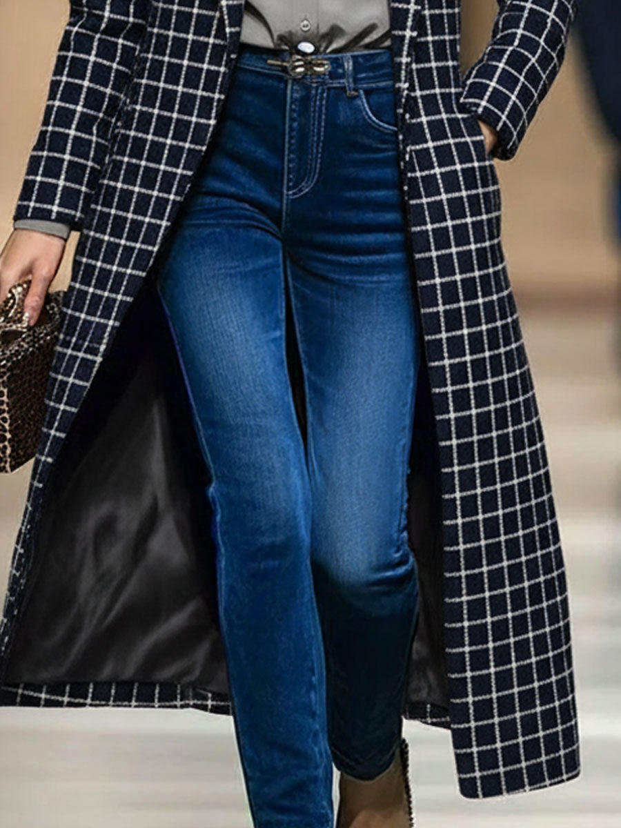 Veste Longue en Tweed à Motifs Rétro Marine