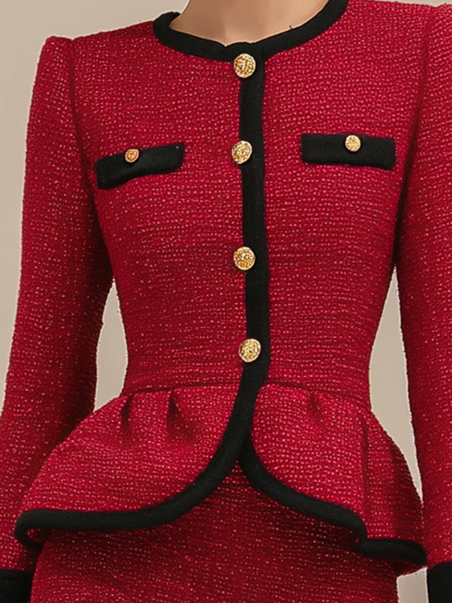 Ensemble Élégant : Veste Noire et Jupe en Tweed Rouge Vintage