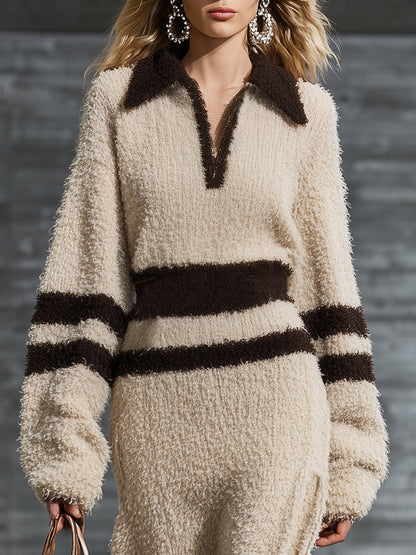 Robe Maxi en Fleece Corail avec Col Contrasté – Élégance Luxe