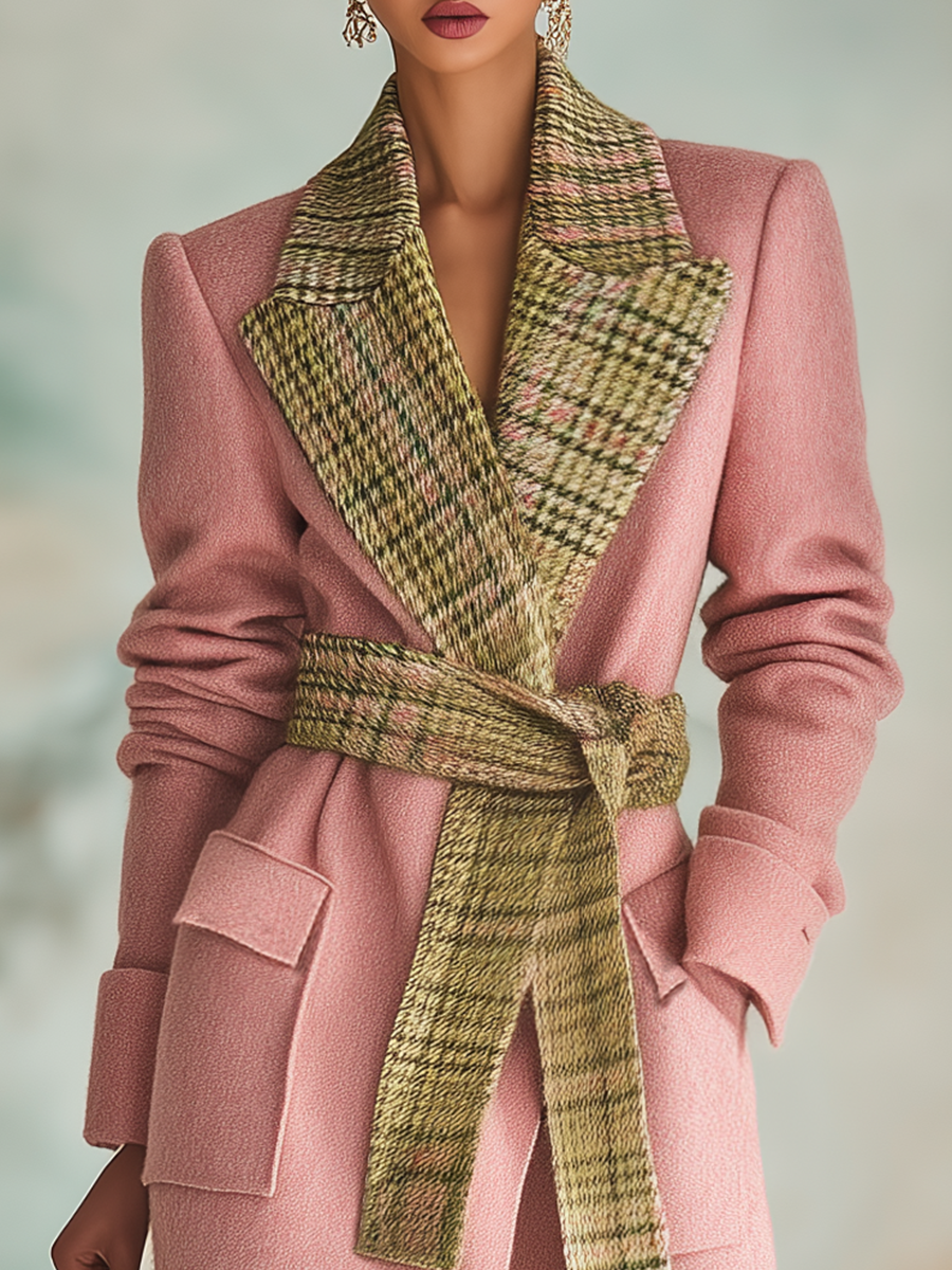 Long Wool Coat with Chic Plaid Collar for Urban Elegance