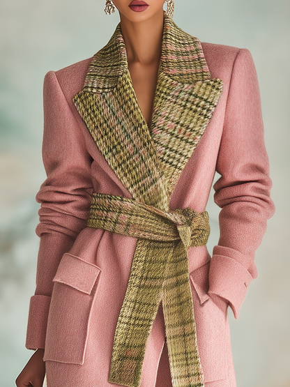 Long Wool Coat with Chic Plaid Collar for Urban Elegance