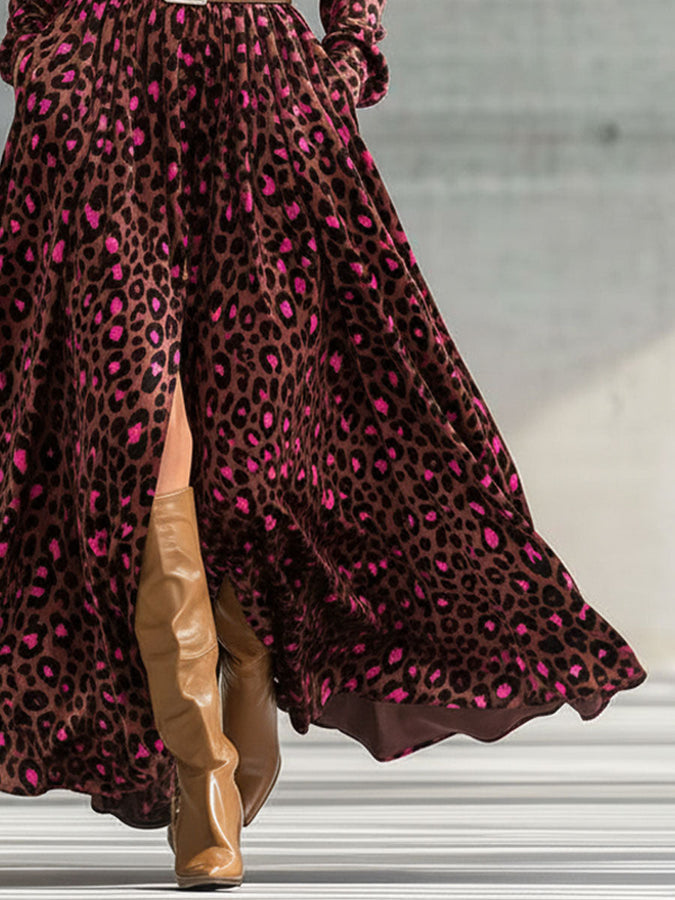 Robe Maxi en Velours Léopard Marron au Style Rétro