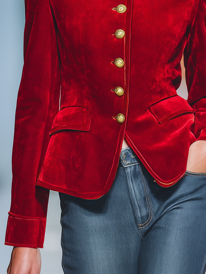 Veste Vintage en Velours Élégante avec Col Montant et Détails Métalliques