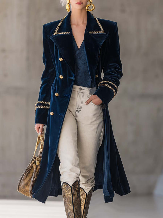 Veste en Velours Bleu Nuit avec Col Métallique et Finition Dorée - Chic Western Rétro
