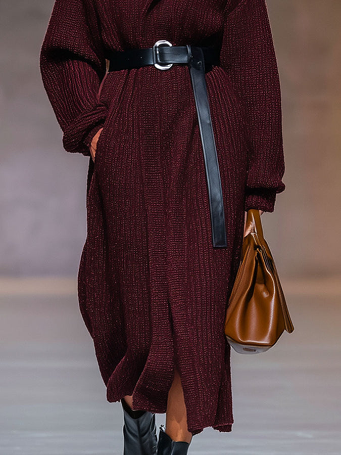 Veste Tricotée à Capuche avec Ceinture et Coupe Légèrement Ample