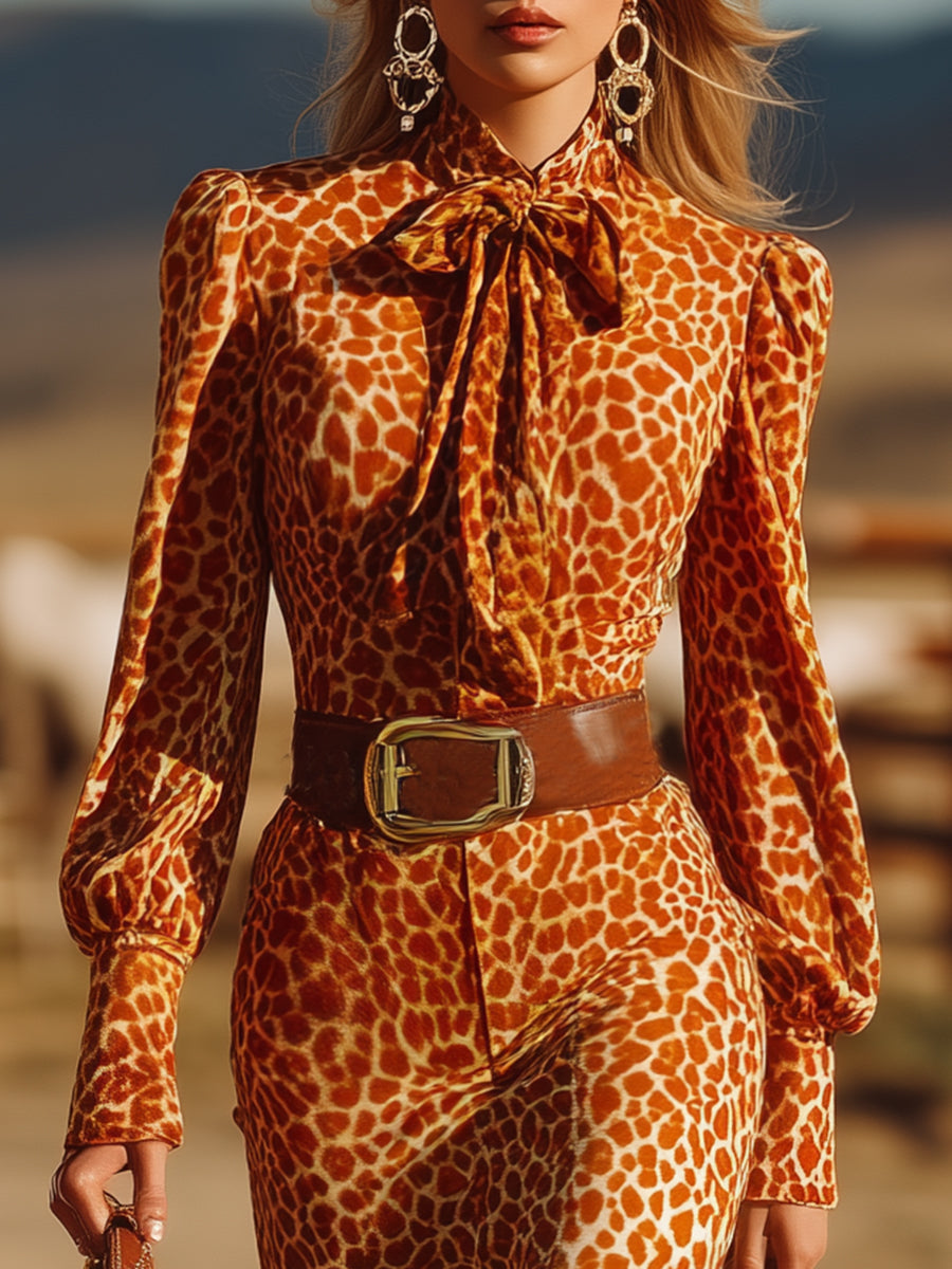 Robe Maxi Rétro en Velours Léopard Orange avec Volants