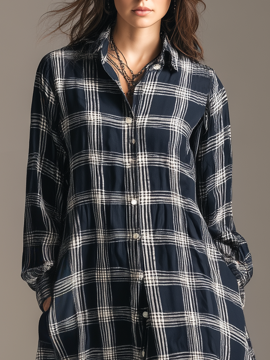 Robe Maxi Rétro à Carreaux : Élégance avec Col, Manches Longues et Coupe Ample