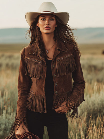 Veste en suède marron à zip, style western avec franges