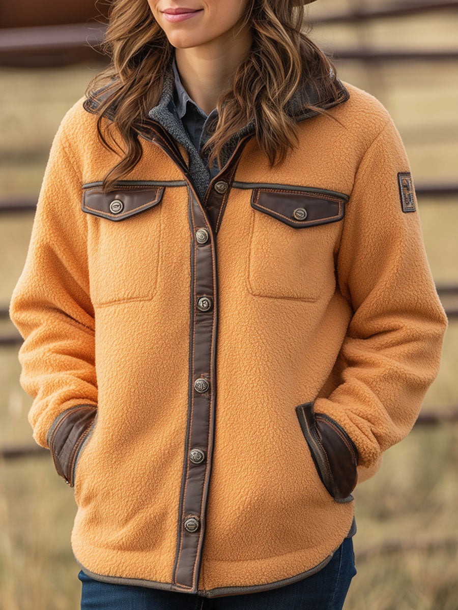 Veste Polaire Orange au Style Rétro Occidental avec Détails en PU