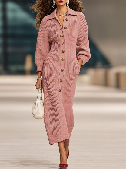 Robe Midi Tricotée avec Poches Doubles et Boutons Élégants