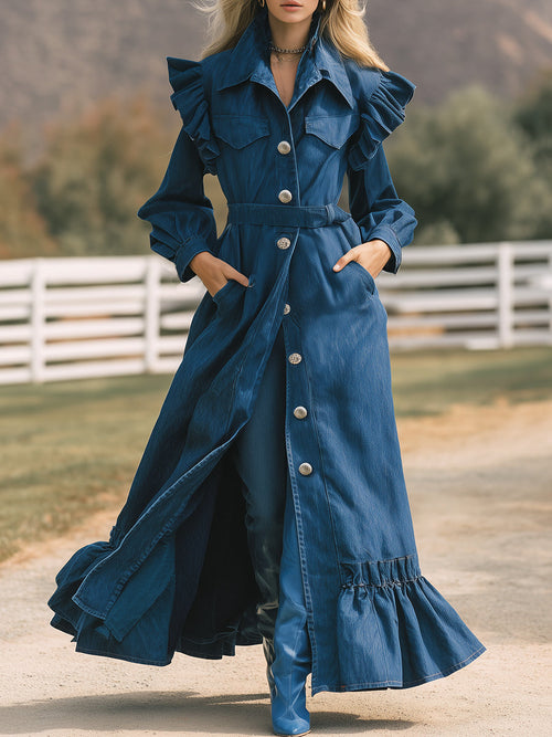 Trench Long en Denim Rembourré au Style Western Chic