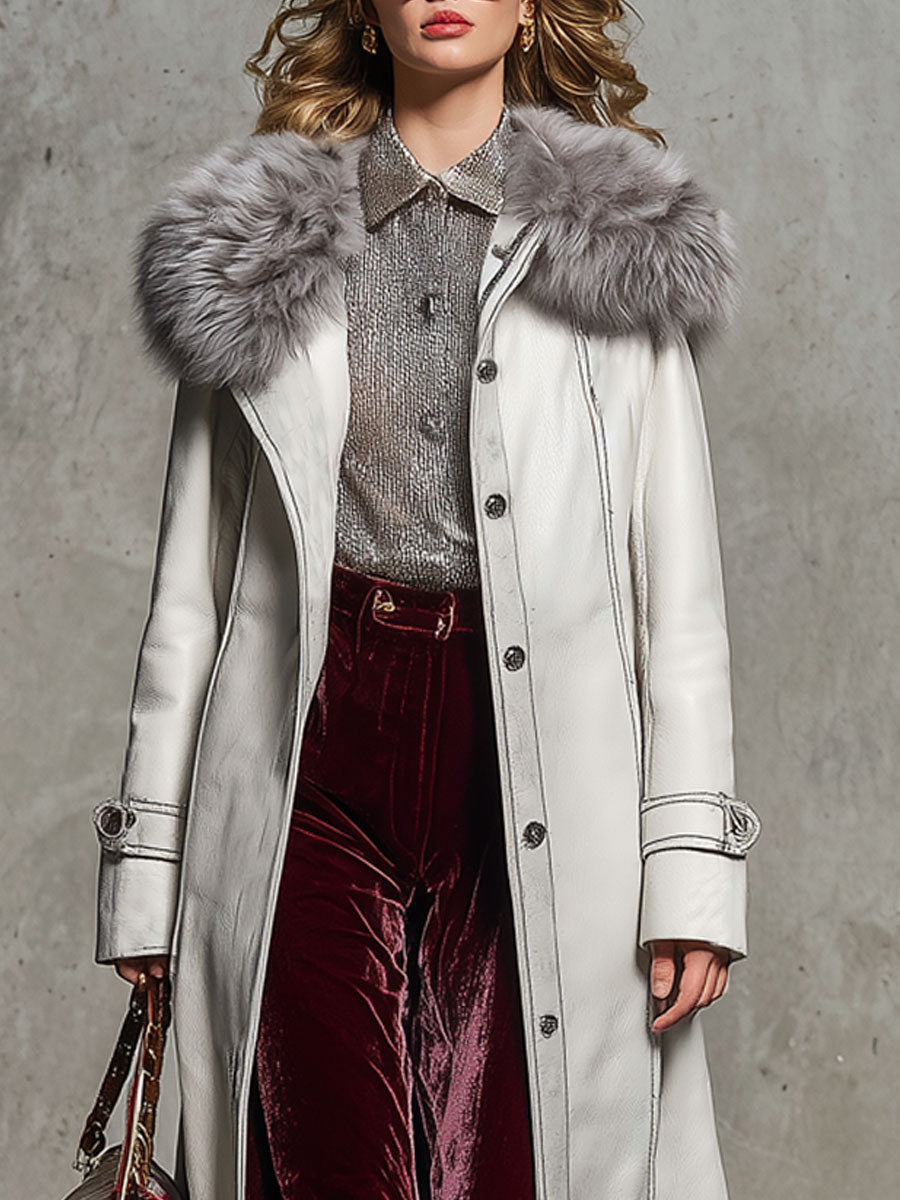 Long White Faux Leather Coat with Retro Fur Collar - Effortlessly Chic