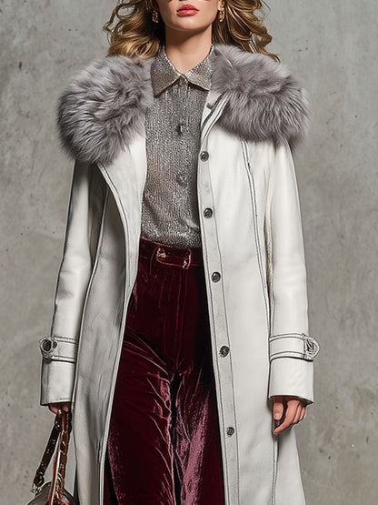 Long White Faux Leather Coat with Retro Fur Collar - Effortlessly Chic