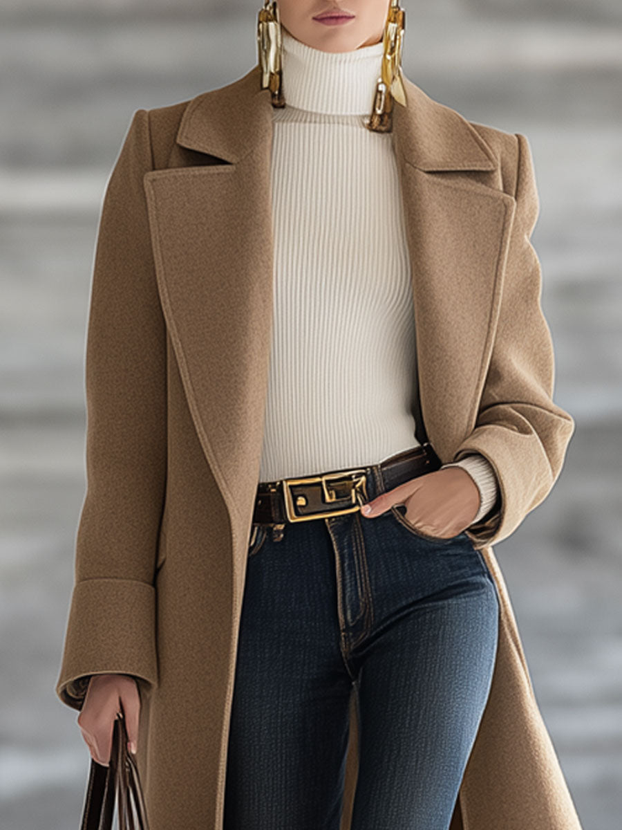 Veste Longue en Laine Kaki Foncé au Style Rétro avec Col Oversize