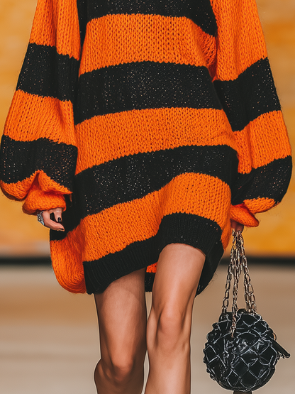 Robe Vintage à Col Rond avec Manches Lanternes et Rayures Contrastantes