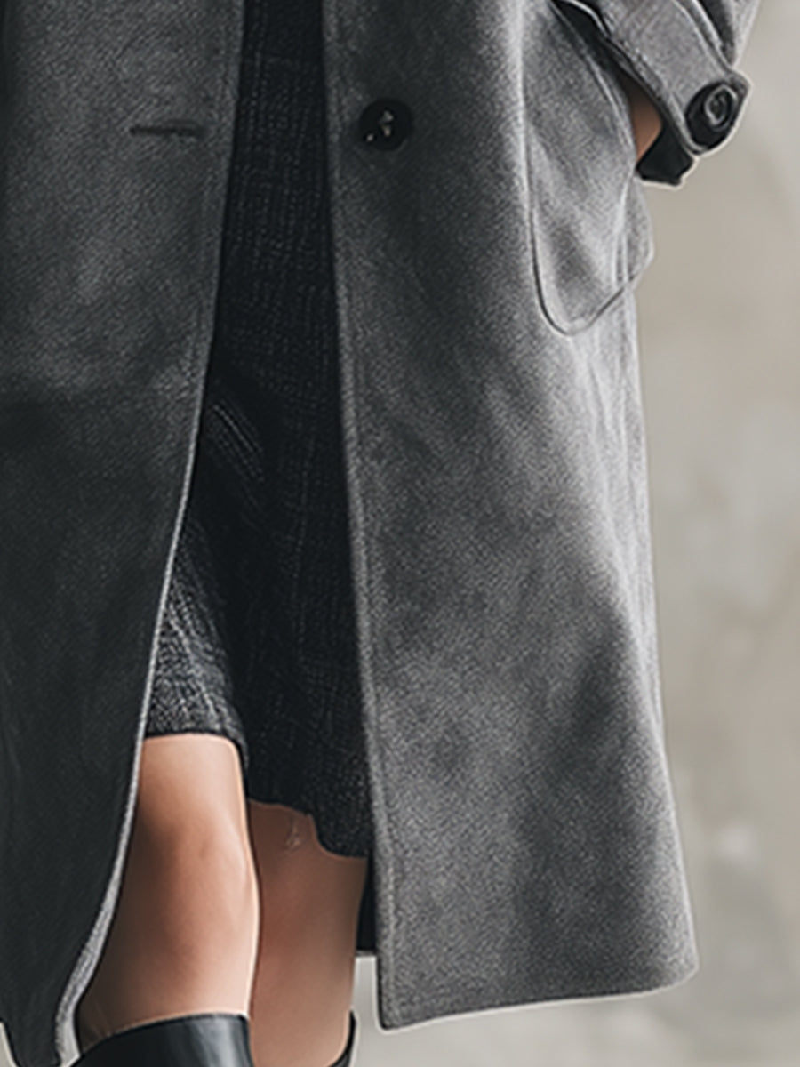 Élégant Manteau en Laine Gris Foncé avec Col Montant et Boutonnage