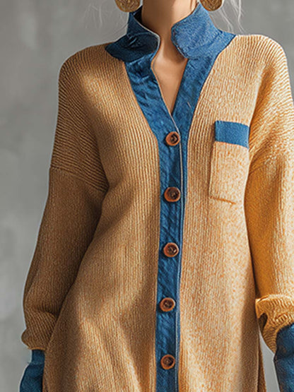 Robe Maxi Tricotée Style Cardigan avec Éléments en Denim - Teinte Gingembre
