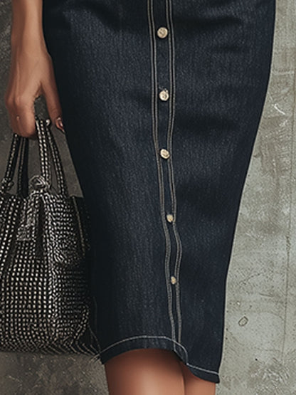 Robe Midi Vintage en Denim Bleu Foncé à Manches Longues et Col Boutonné