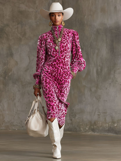 Robe Midi en Velours Léopard avec Col Montant et Manches Bouffantes - Élégance Chic et Confort