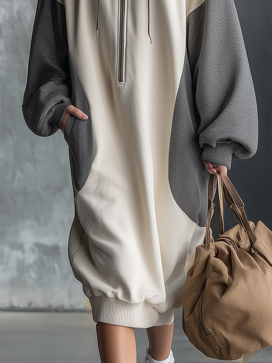 Robe Midi Sportive à Capuche avec Manches Contrastées - Style Décontracté