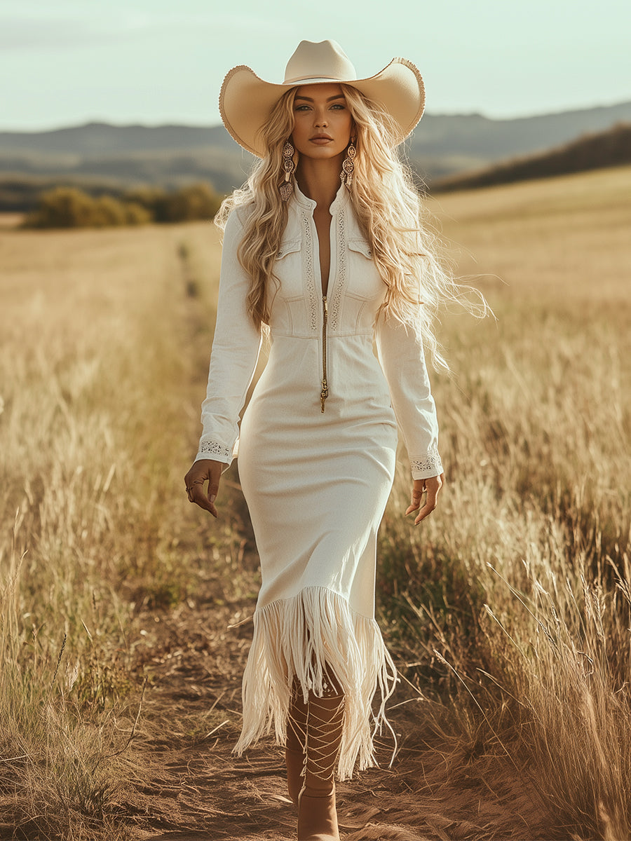 Maxi Robe Vintage Western Cowboy en Faux Denim Off-White avec Zip Demi et Franges à Manches Longues