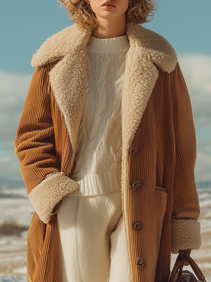 Veste Rétro en Velours Côtelé Camel avec Doublure Polaire