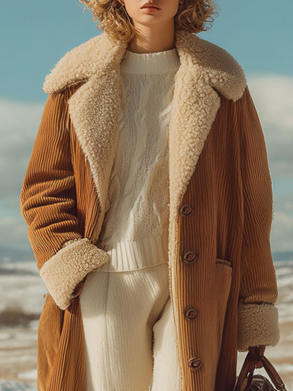 Veste en velours côtelé camel rétro avec doublure en polaire