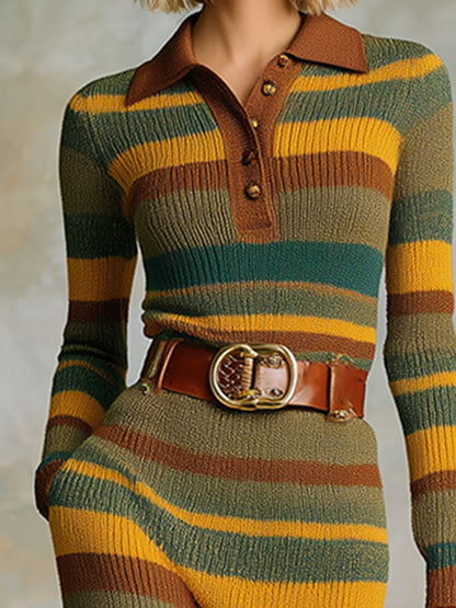 Robe Maxi Tricotée à Rayures Marron et Verte avec Détails Western Rétro