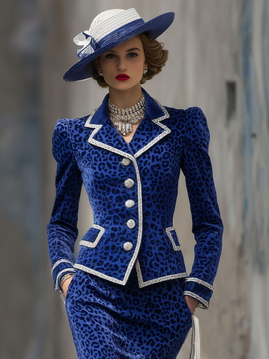 Veste Chic et Jupe en Velours Léopard avec Revers Élégants et Fermeture à Bouton