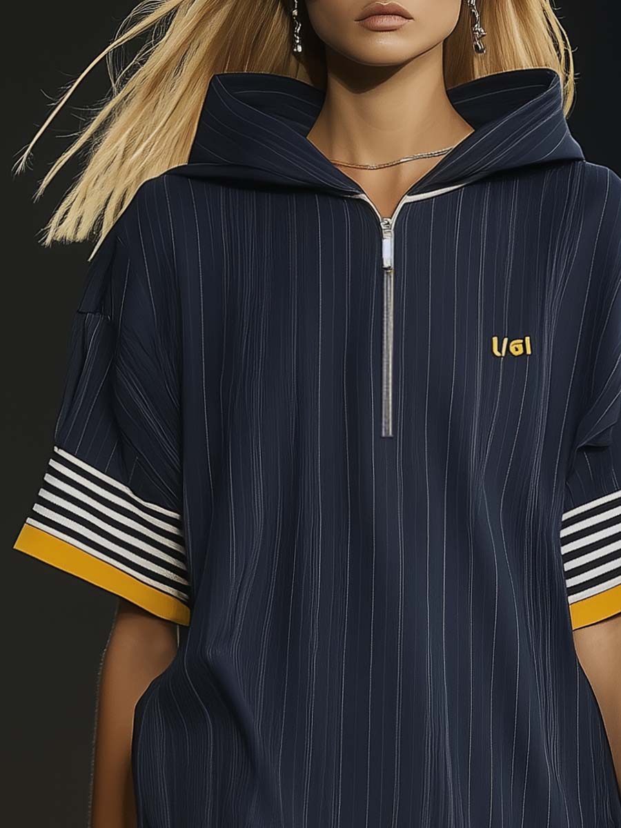 Robe Hoodie Ultra-Large à Zip - Mini Style Décontracté avec Manches Courtes et Ourlet Volanté en Bleu Marine - Expédition Rapide sous 24h