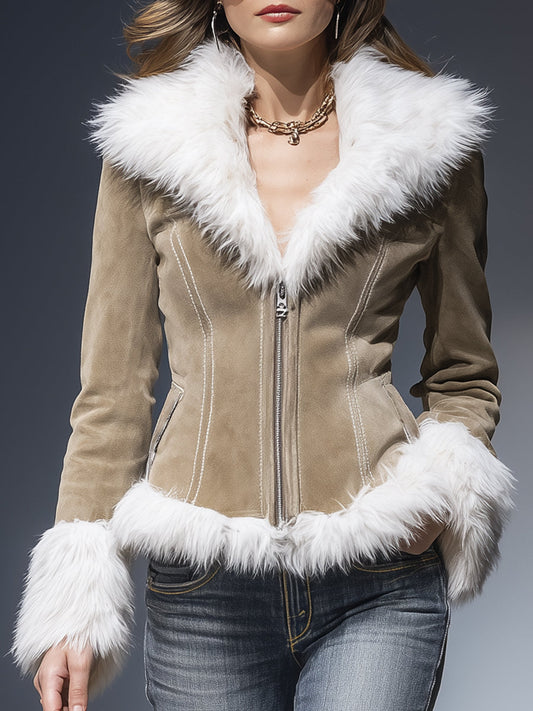 Veste Khaki en Suédine avec Détails en Peluche Vintage