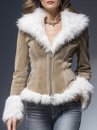 Veste zippée en faux suède kaki avec col en peluche rétro