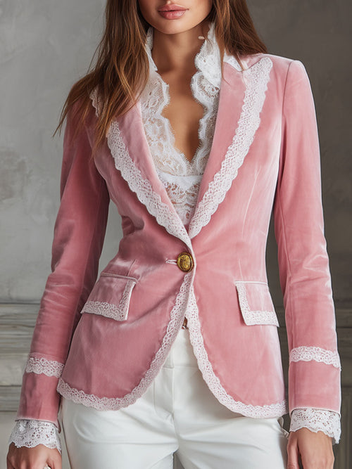Veste Casual en Velours à Bouton Unique avec Revers